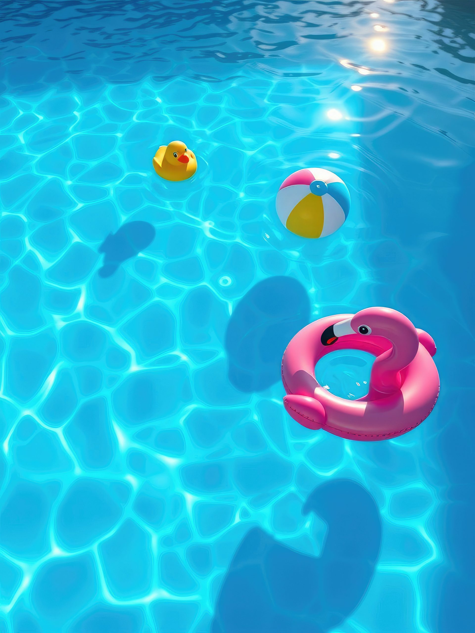 bright blue pool water with a few pool toys floating on the surface, sunbathing, floating